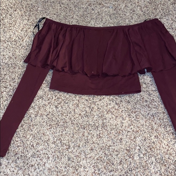 Maroon Off the Shoulder Long Sleeve Crop Top - Picture 2 of 2